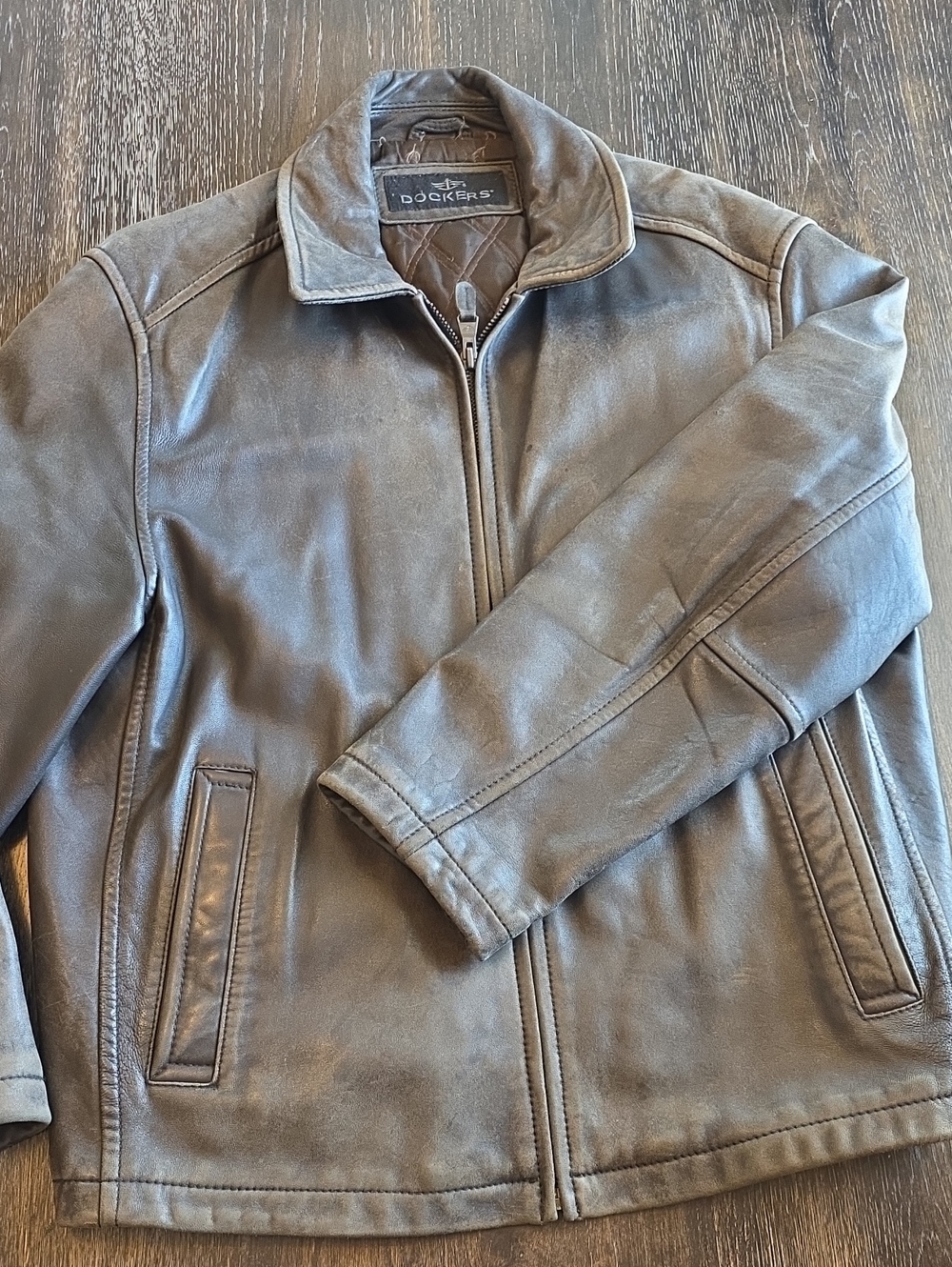 Dockers Men's Gray Leather Zip Bomber Jacket